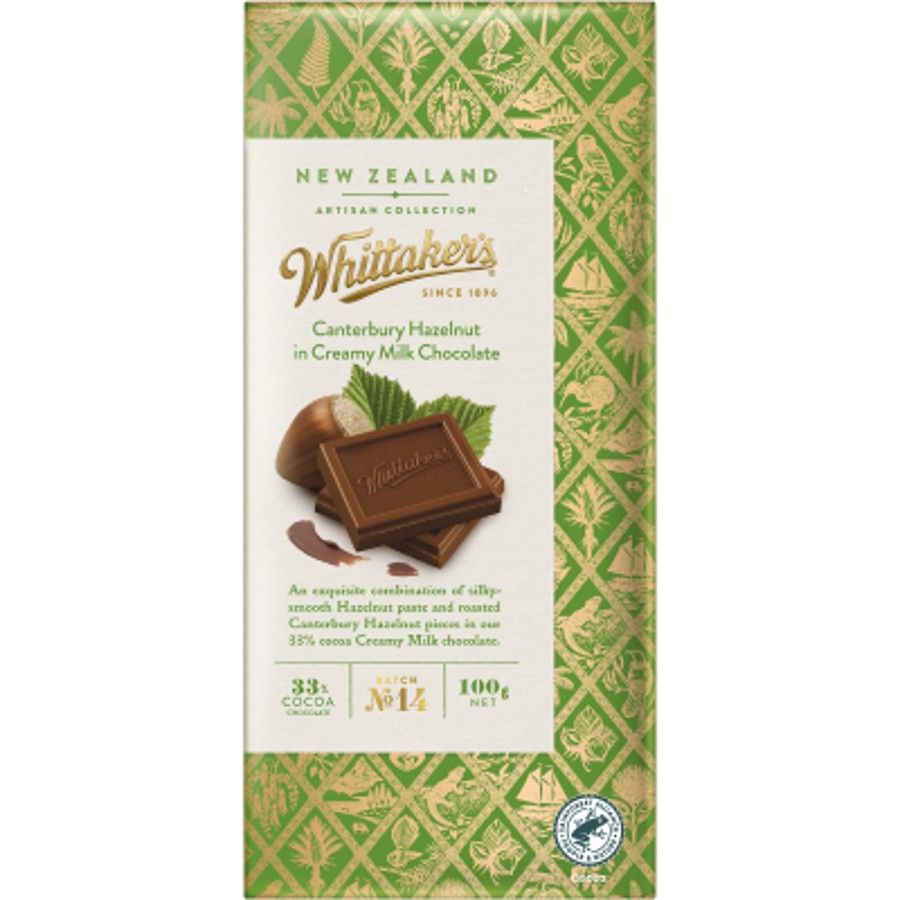 Whittakers Artisan Canterbury Hazelnut Chocolate Block 100g