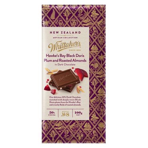 Whittakers Artisan NZ Black Plum & Roast Almonds Chocolate Block 100g