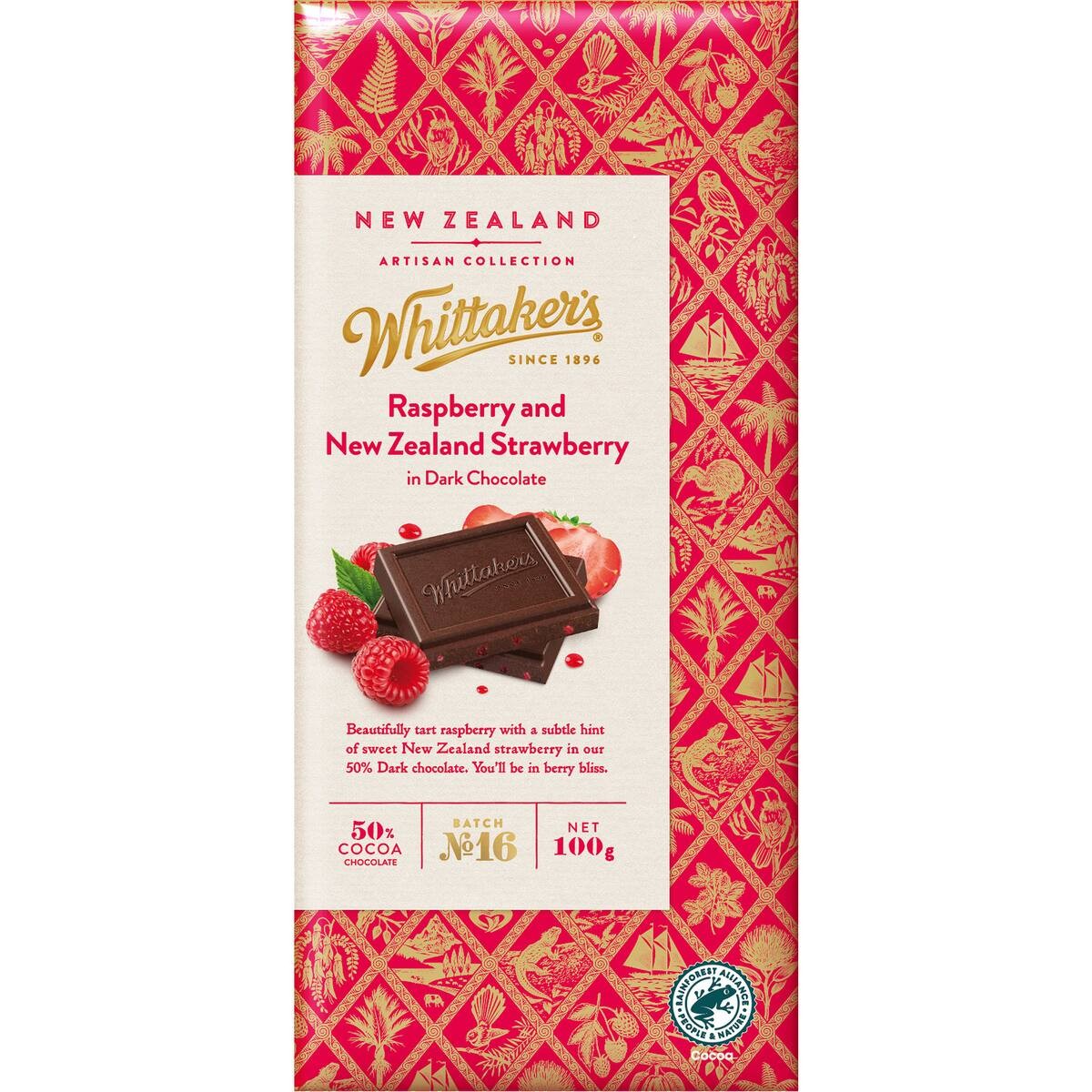 Whittakers Artisan Raspberry and NZ Strawberry Dark Chocolate Block 100g